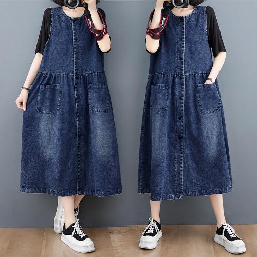 Women s Round Neck Sleeveless Midi Dress Loose Fit High Waist Vintage Retro Denim Pinafore Dress XL