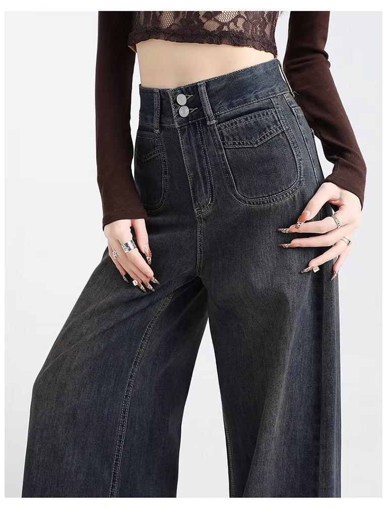 Women's High-Waisted Wide-Leg Double-Breasted Jeans - Retro Versatile Drape Mopping Pants for Spring & Autumn 2025