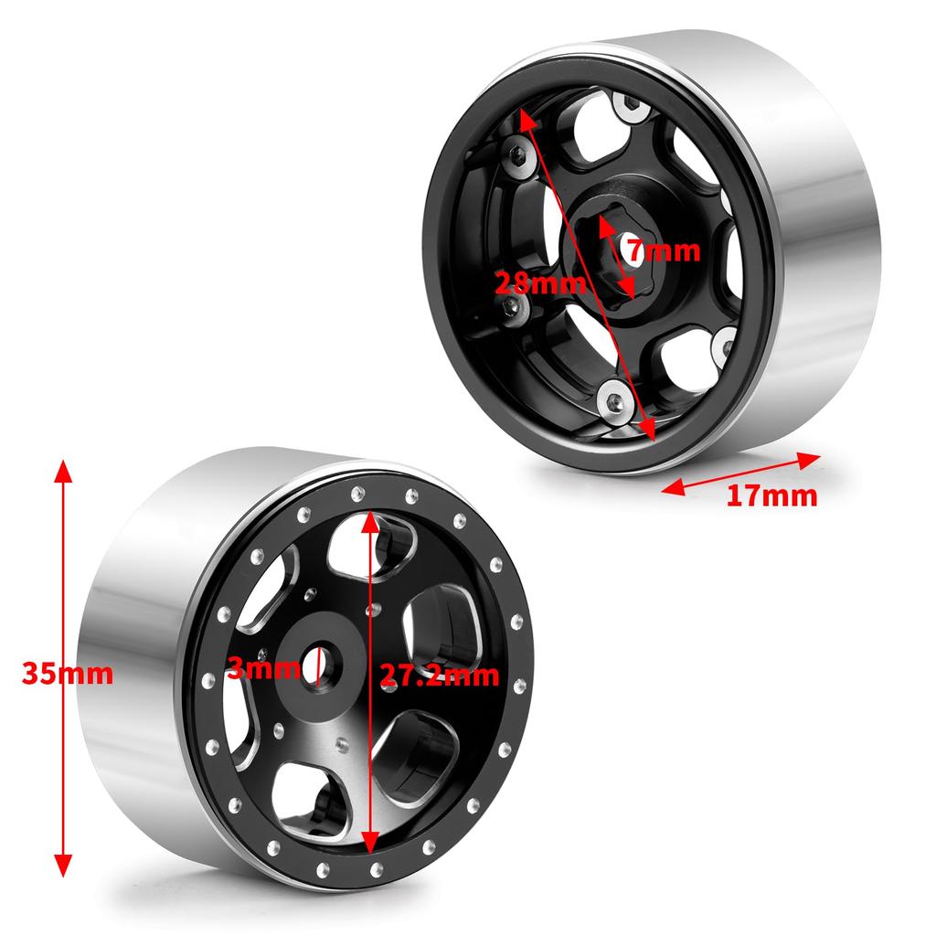 RCMAZO 4-Piece 1.3" Beadlock Wheel and Tire Set, 70mm Rubber Crawler Tires and 1.3" Aluminum Beadlock Wheel Hubs for 118 TRX4M, 124 SCX24, and FCX24