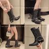 Autumn Winter Retro Cowboy Boots for Women Fashion Slip On Rivet Chain Ladies Casual Short Boots Thick Bottom Mordern Botas D24