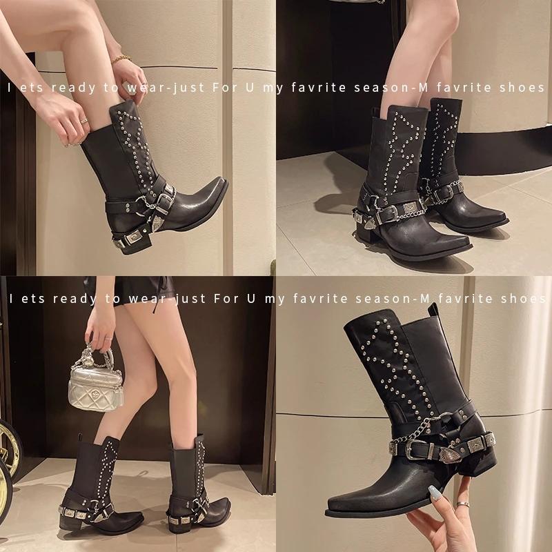 Autumn Winter Retro Cowboy Boots for Women Fashion Slip On Rivet Chain Ladies Casual Short Boots Thick Bottom Mordern Botas D24