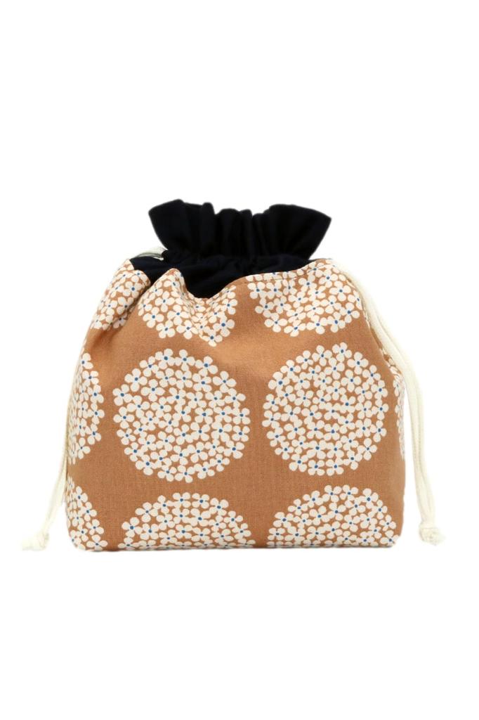 Insulated and Warm Lunch Bag, Drawstring Style, Washable, with Gusset, Nordic Style, Perfect for Storing Rice Balls and Small Items (Hydrangea Mocha)