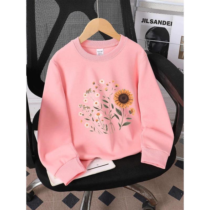 European Sizes Kids' Round-neck Hoodie - Sunflower Daisies Orange White Green , Sportswear And Casual Wear, Soft And Comfortable