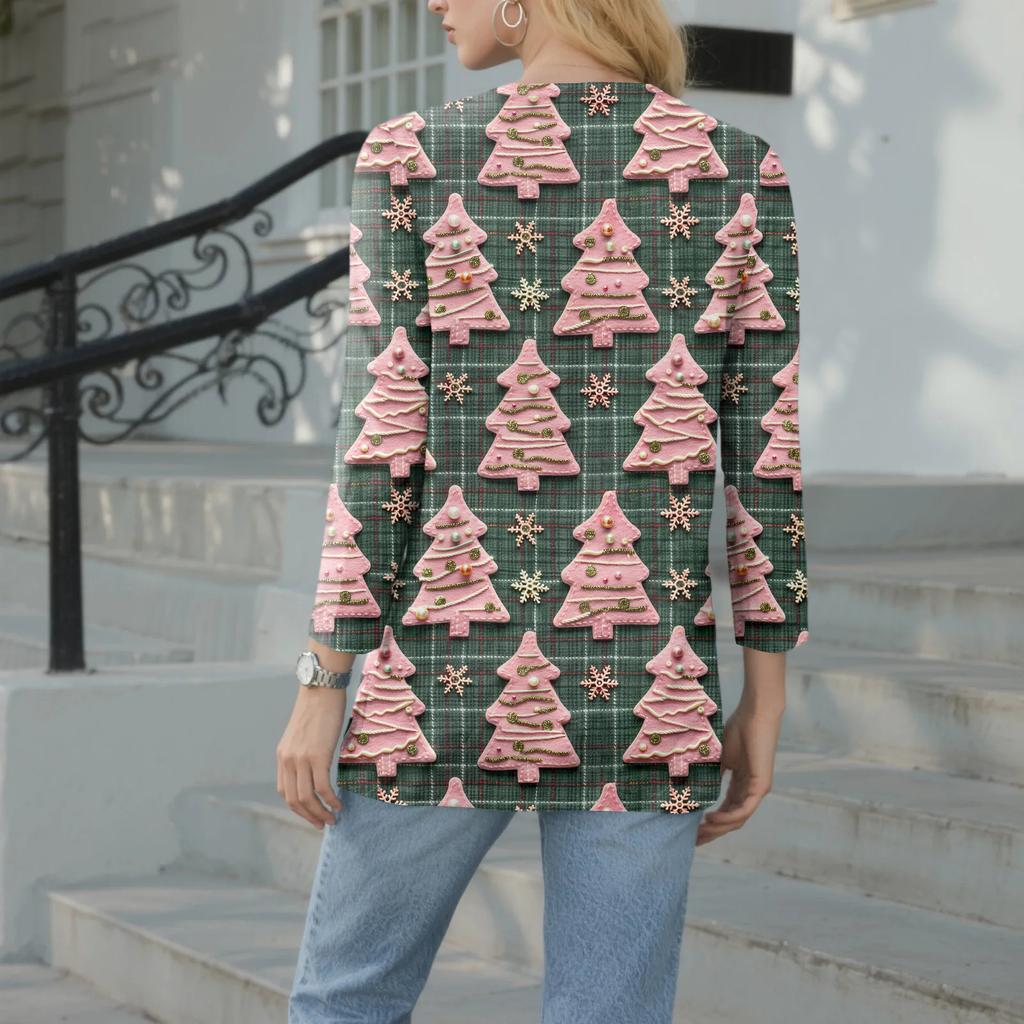 Women's Casual Fashion Sexy Comfortable Christmas Print V-Neck Button Three-quarter Sleeve Top