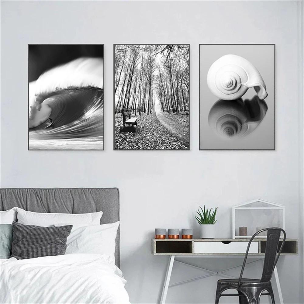 Black And White Posters Bridge Boat Palm Tree Canvas Print Pictures Conch Wall Art Sea Wave Poster Nordic Picture Bedroom Decor