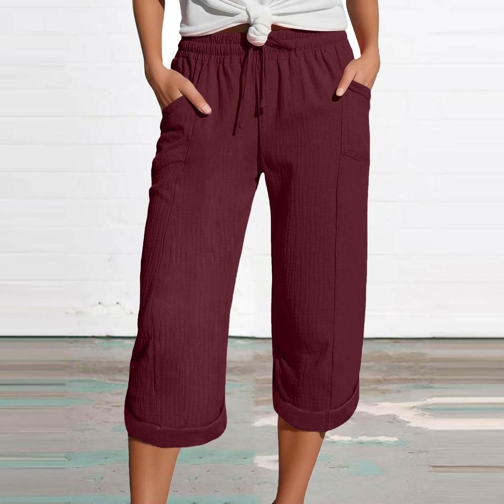 Women's Summer 3/4 Trousers  Summer Trousers With Pockets Causal Loose Trousers Fabric Trousers Sport Leisure Beach Trousers