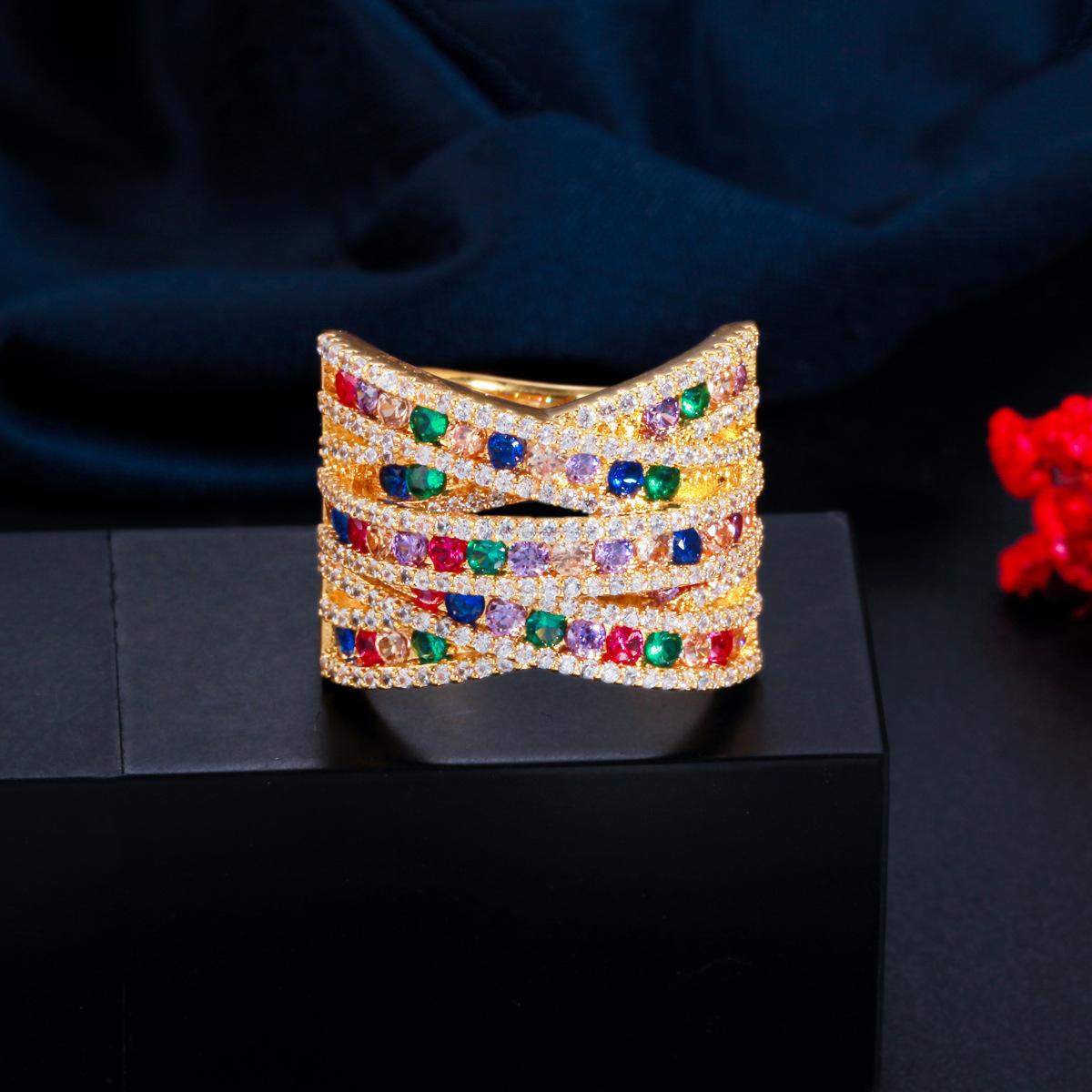 

Micro-Set Colored Zircon Wide Open Ring Full Of Diamonds Colorful Women S Ring Jewelry золотий