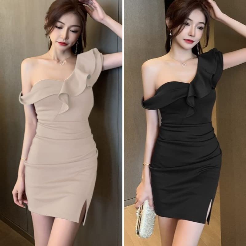 ISLAYCAOLILA E42 Beate Mini Club Party Tight Mini Dress with High and Slit Women's Dress, Dress, Dress, Ruffles, One-Shoulder, Frills, Sleeveless,