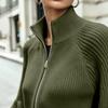 Women's Fall Winter Cropped Zip-Up Knit Cardigan with High Stand Collar, Sleeves and Fabric