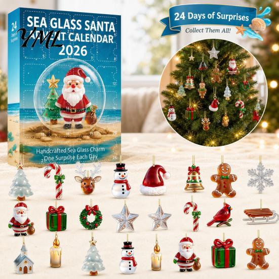 Christmas Party Favors Sea Glass Advent Calendar, 24-Day Acrylic 2D Ornament Set Calendar with Lanyards Santa Gingerbread Man, Tree Hanging