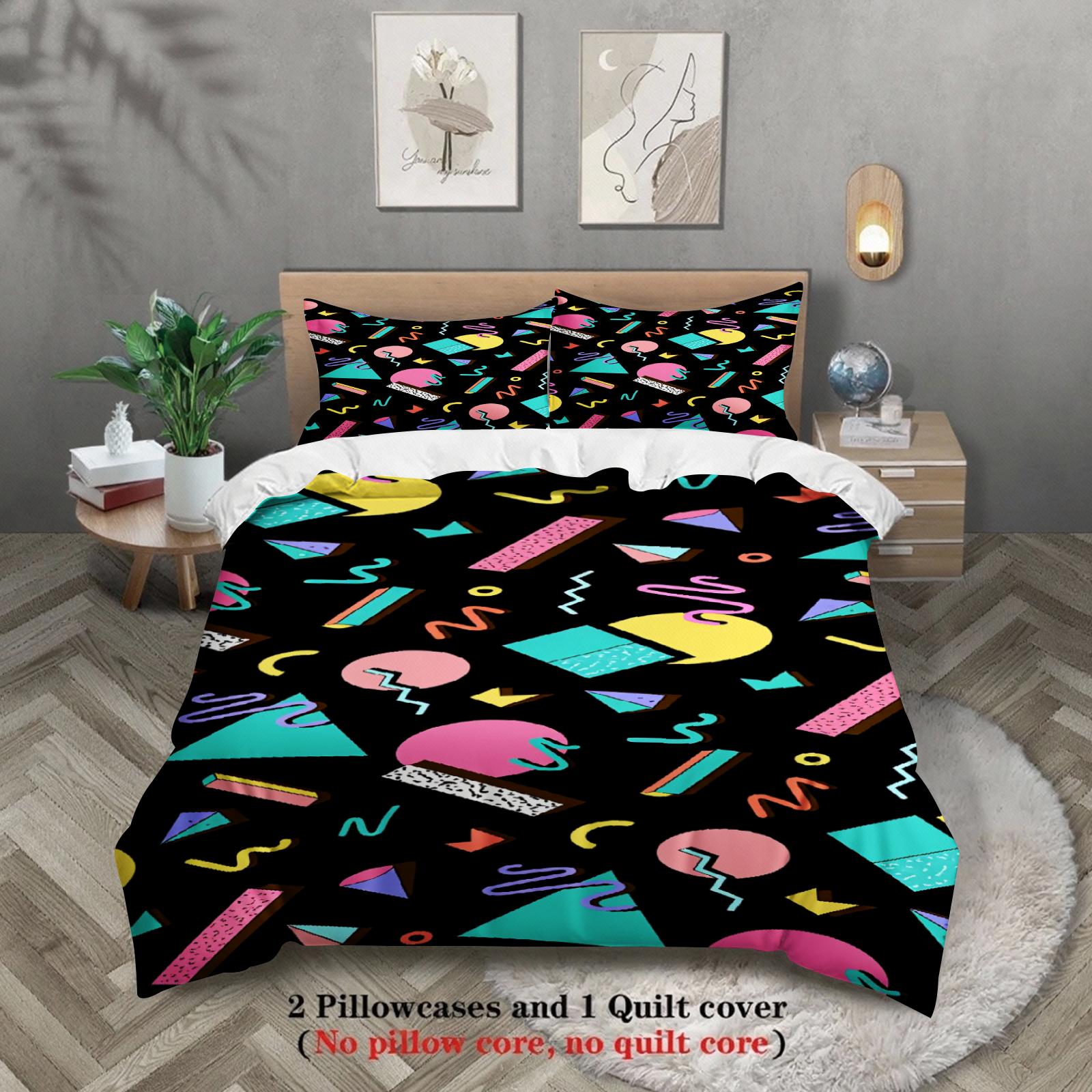 

Neon Color Geometric Blocks Lines Bedding Set 3PCS Duvet Cover No Insert Black Background Queen Size Retro Style Room Decor EU Double(200x200cm)