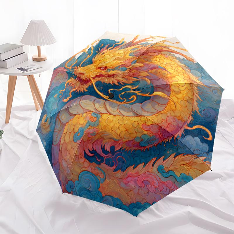 Golden Dragon  Pattern, Automatic Folding Umbrella, Portable and Foldable Design, 8 Ribs, a Christmas or Birthday Gift.
