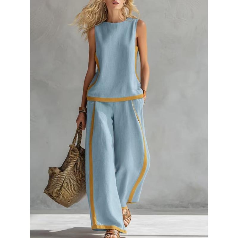 Women's Round Neck Sleeveless Loose Fit Color Block Two Piece Set Contrast Patchwork Wide Leg Pants Outfit For Spring Summer Casual Daily Commute