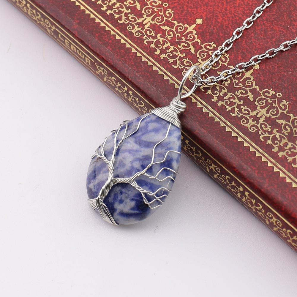Natural Stone Crystal Agate Water Drop Winding Silk Tree Of Life Pendant Necklace Sweater Chain Water Drop Rough Stone N779