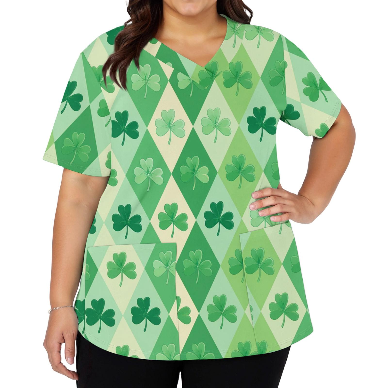 

Женская мода с v-образным вырезом, короткими рукавами и карманами, топы с принтом XXXXL