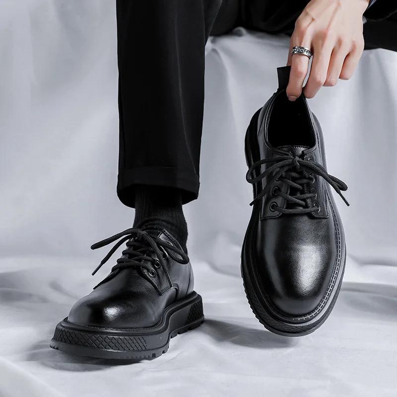 Fashion Black British Style Thick Bottom Round Toe Patent Leather Shoes Work Shoes Handmade Casual Formal Oxford Shoes Lace Up Men Shoes