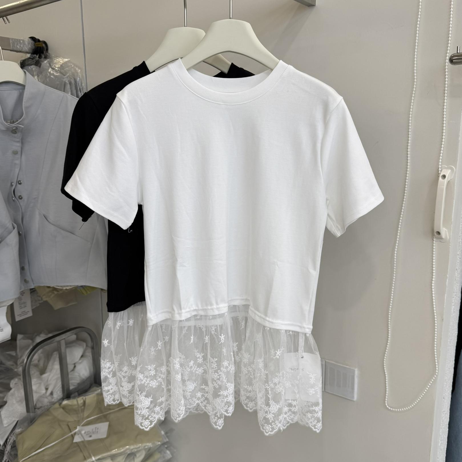 2026 Women s Ballet-Style Lace Stitching Cotton Short-Sleeve Round Neck T-Shirt S белый