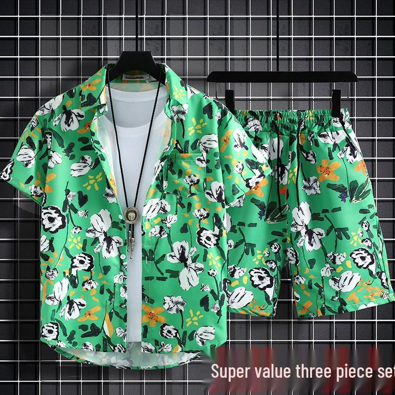 Versatile Men's Quick-Dry Shorts & Floral Shirt Set - Retro Hainan Island National Trend