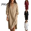 Modieuze Damesjurk Dames Zomer Midi Hemdjurk, Lange Mouwen V-hals Casual Zachte Stof Kraaglos Losse Tuniek Strandvakantie Zomerjurk met Zakken