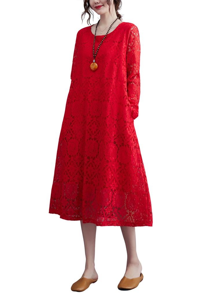 Hanmall Red Lace Long Plus Loose Perfect for and Round Flared Fashion Dress, Sleeve, Women's, Size, Figure-Flattering, Casual, Fit, Spring, Summer,