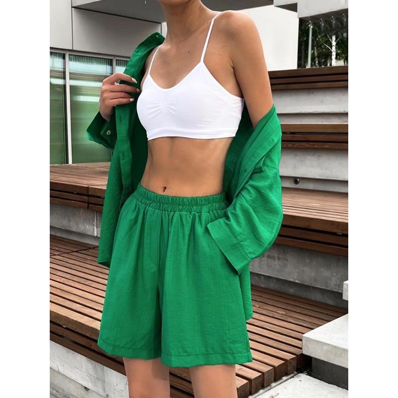 Fashion Long Sleeve Shirt and Loose Wide Leg Shorts Sets Women Buttons Spring Autumn Elastic Waist Casual Shorts Suit Outfits Elegant Clothes 1083
