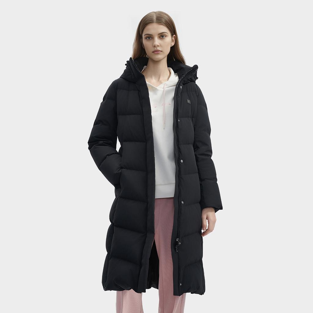 Fila Warme Lange Kapuzen-Daunenjacke Damen Oberbekleidung Schwarz F11W443905FBK