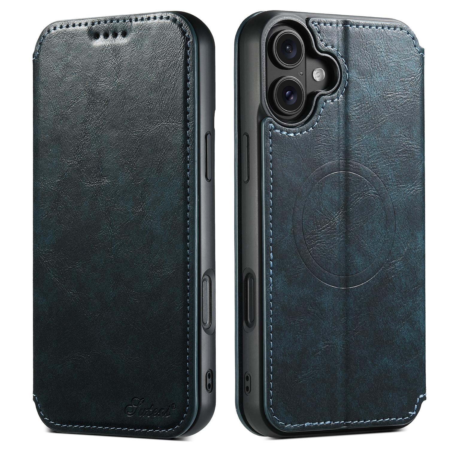

SUTENI J05 For iPhone 16 Case Compatible with MagSafe Textured PU Leather Flip Phone Cover Blue