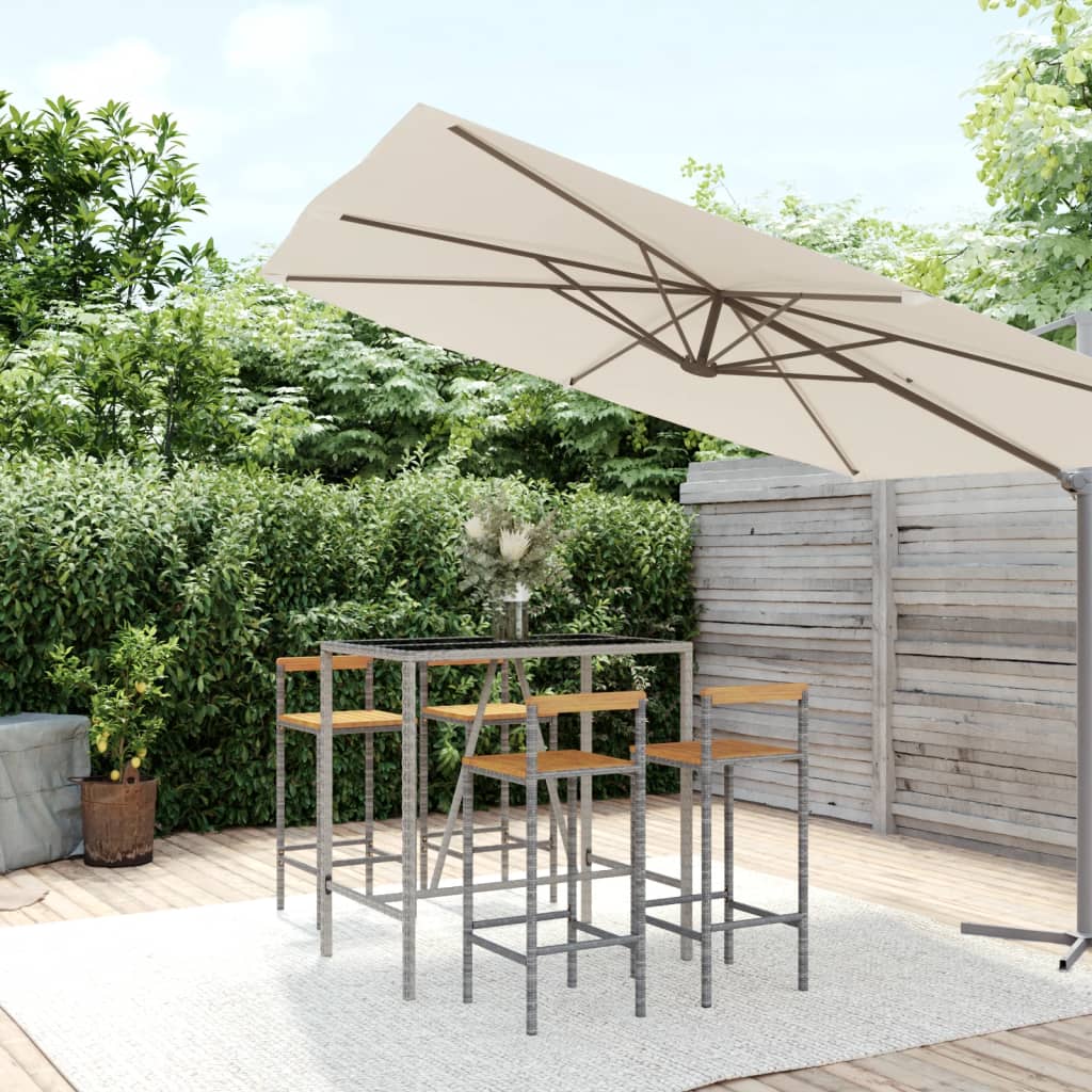 5 Piece Garden Bar Set Gray Poly Rattan & Solid Acacia Wood