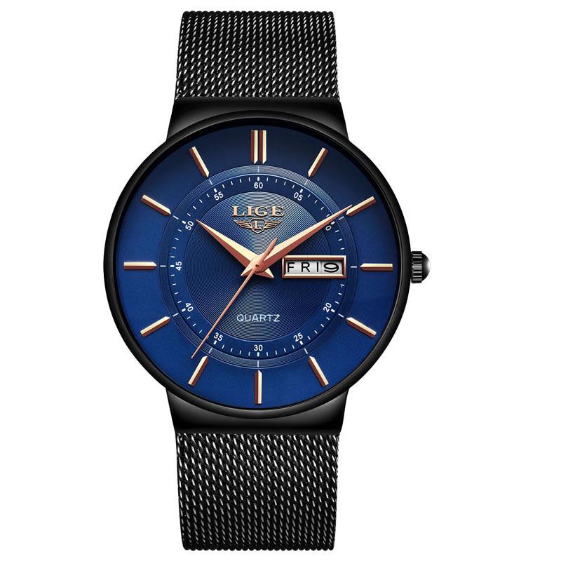 LIGE Ultra-Thin Men s Quartz Watch with Double Calendar, Three-Hand Movement, Date & Week Display, Mesh Band, Waterproof.
