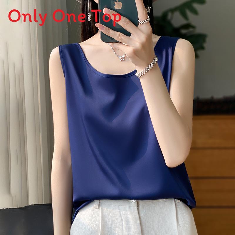 Silk Satin Summer Womens Sleeveless T Shirt With Round Neck For Office Wear