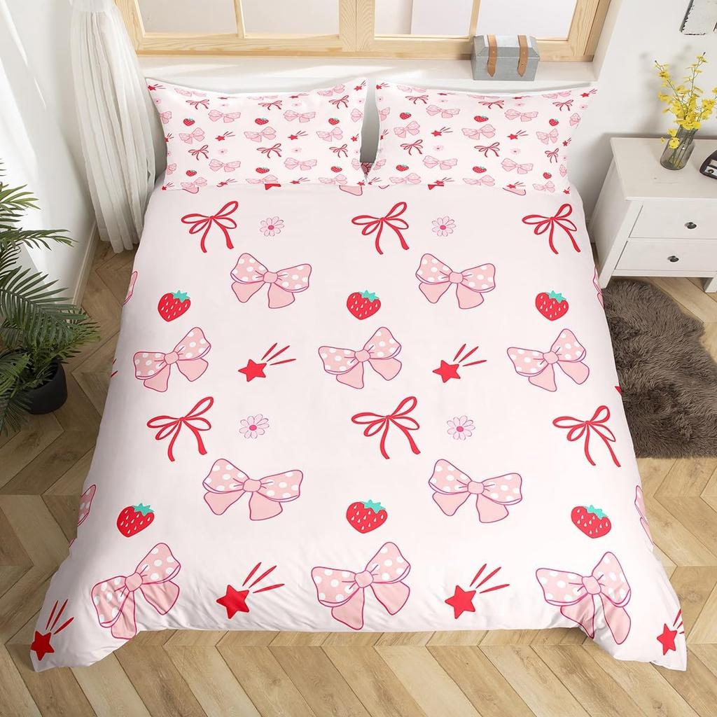 Cute Strawberry Duvet Cover Full King,Flower Leaves Tropical Fruit Bedding Set,Garden Rustic Plants Watercolor Chic Quilt Cover