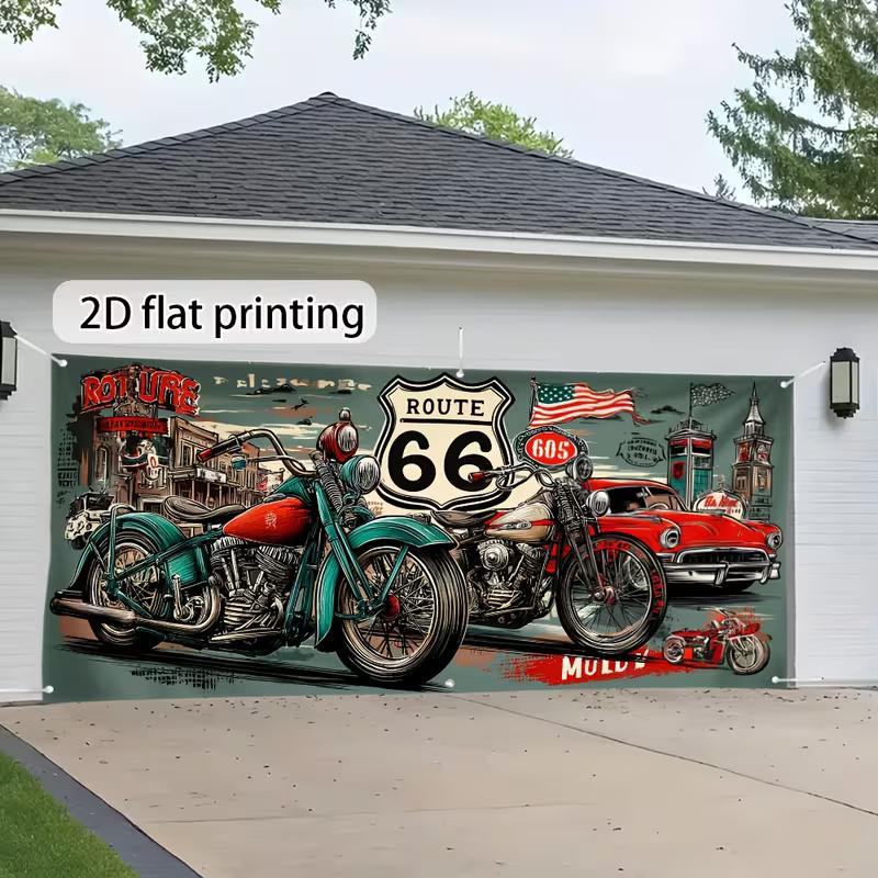 Toile de fond polyester Route 66 2D, Arrière-plan Vintage Moto Biker pour Fête de Biker & Décor Mural