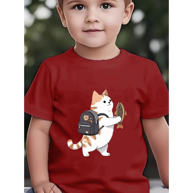 Baby Boys Cute Cat & Fish Print Crewneck Summer Short Sleeve T-Shirt