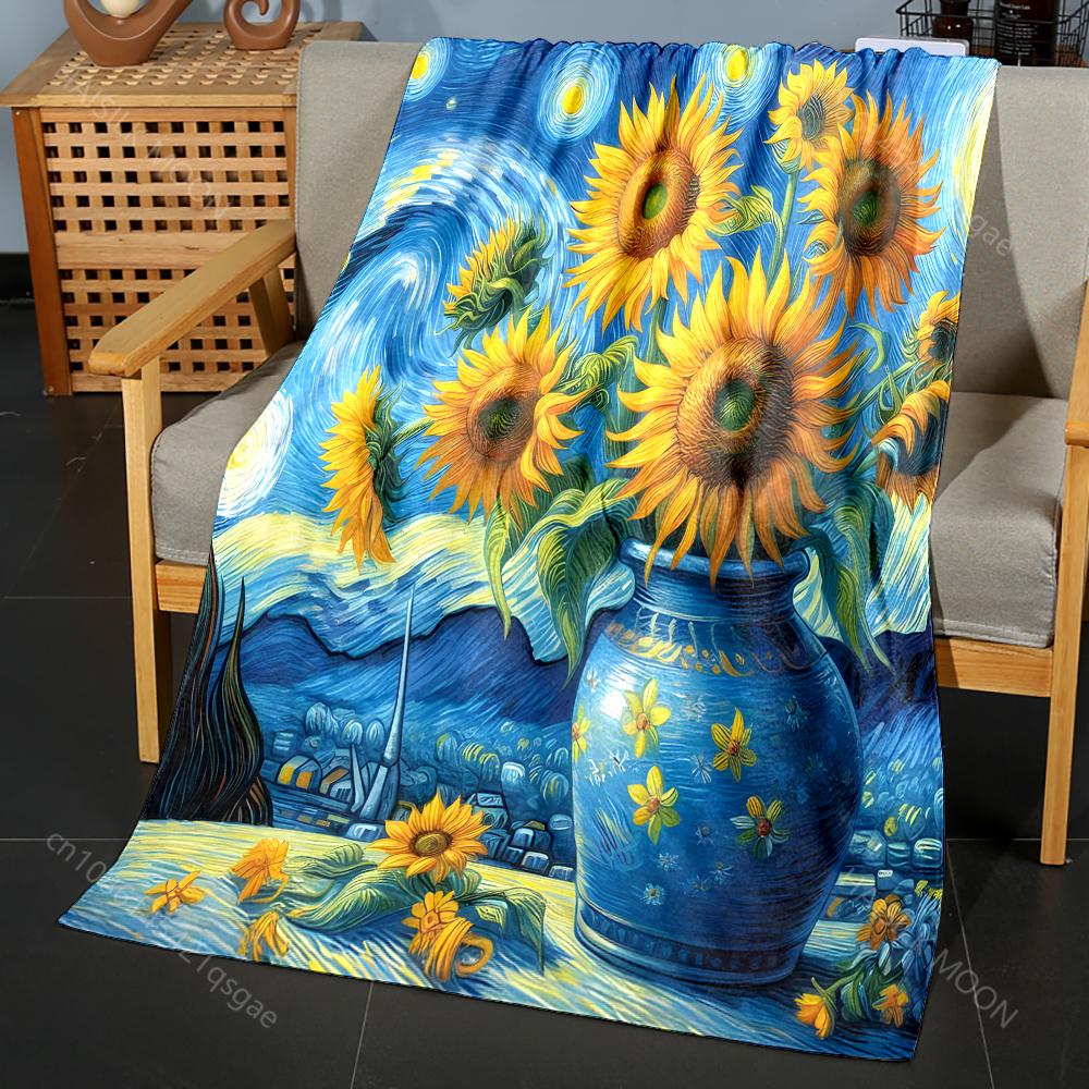 Multi-size Van Gogh-inspired Sunflowers Print Blanket Flannel Material Soft Warm for All Seasons Home Outdoor Camping Picnics RV