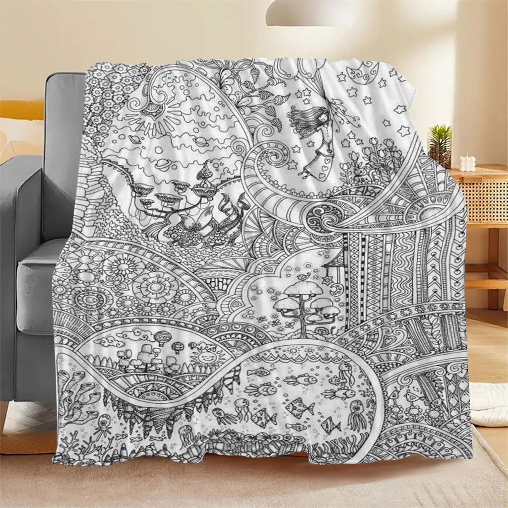 Hand Drawn Fantasy Dream Theme Flannel Blanket, Abstract Art Pattern Soft Warm for Living Room Bedroom Sofa Nap, Air Conditioner