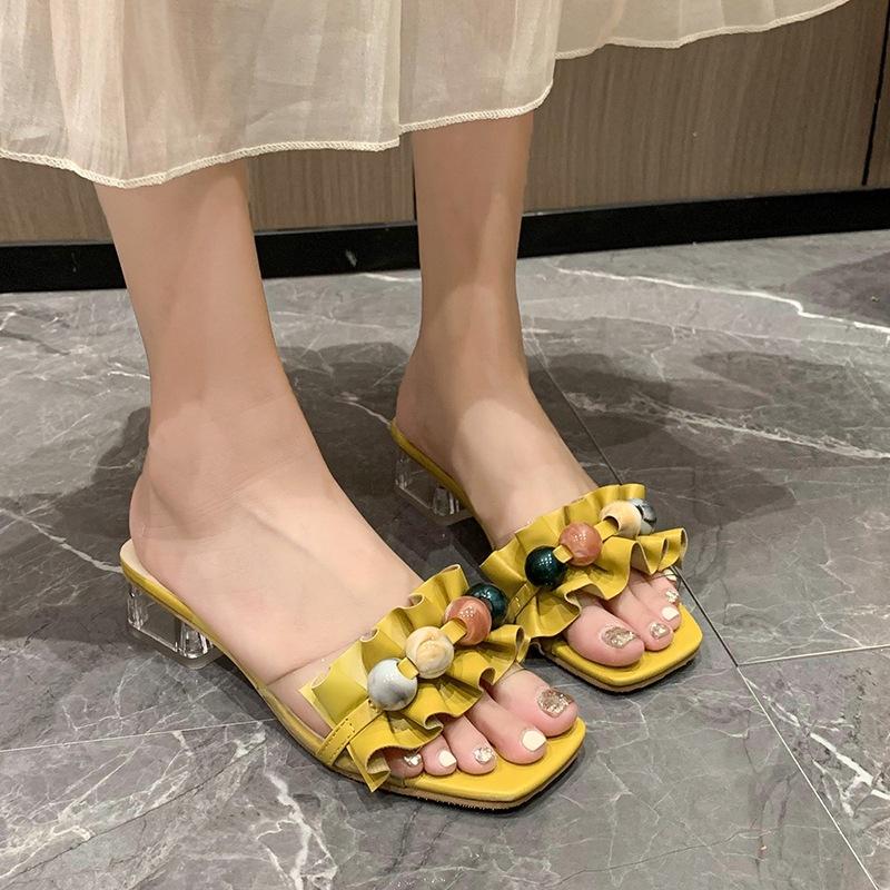 French crystal thick-heeled one-word slippers for women's outerwear 2025 summer new fashionable versatile small fresh high-heeled sandals