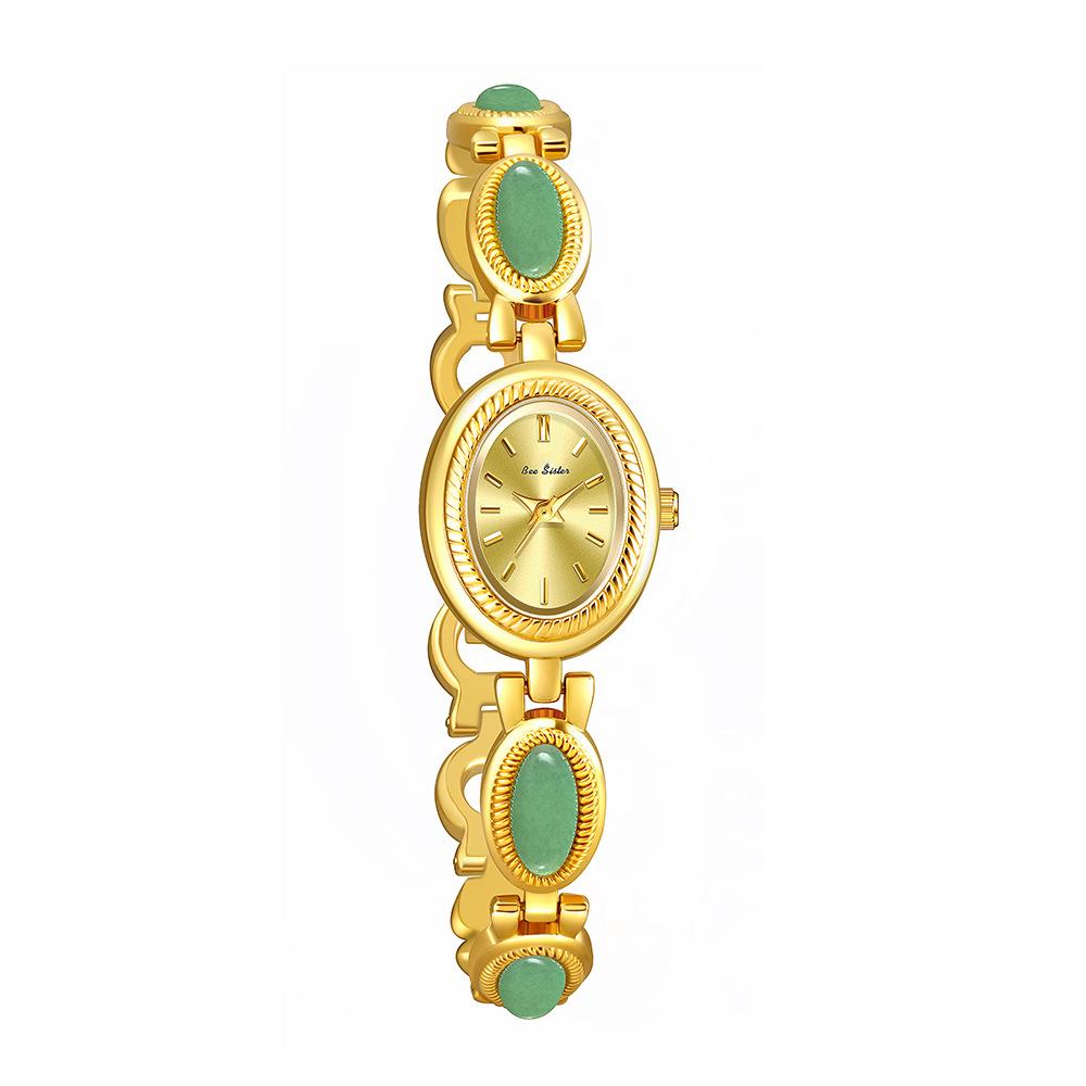 Women Retro Green Jade Gemstone Bracelet Watch, Vintage Oval Quartz Ladies Dress Wrist Watch with Gold Alloy Jewelry Strap