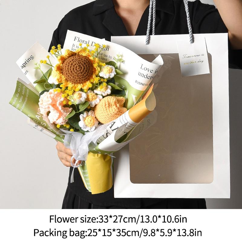 Crochet Flowers Bouquet Knitted Flower Artificial Hand Woven Flower Wedding Gift for Guests Teacher's Day Gift Graduation Flower