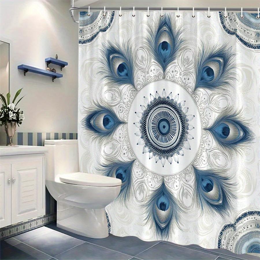 1 Blue Peacock Feather Mandala Shower Curtain - Symmetrical Design On Beige Background, Polyester Fabric, Machine Washable