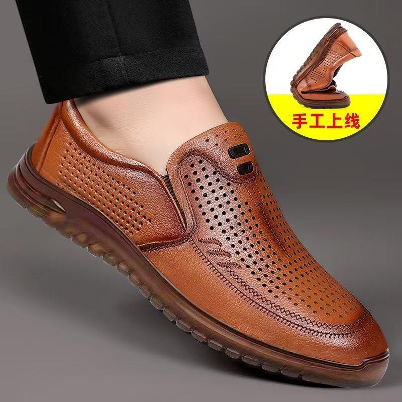 Breathable men's shoes summer new soft-soled round head one-pedal men's casual shoes comfortable cow tendon sole hollow hole shoes