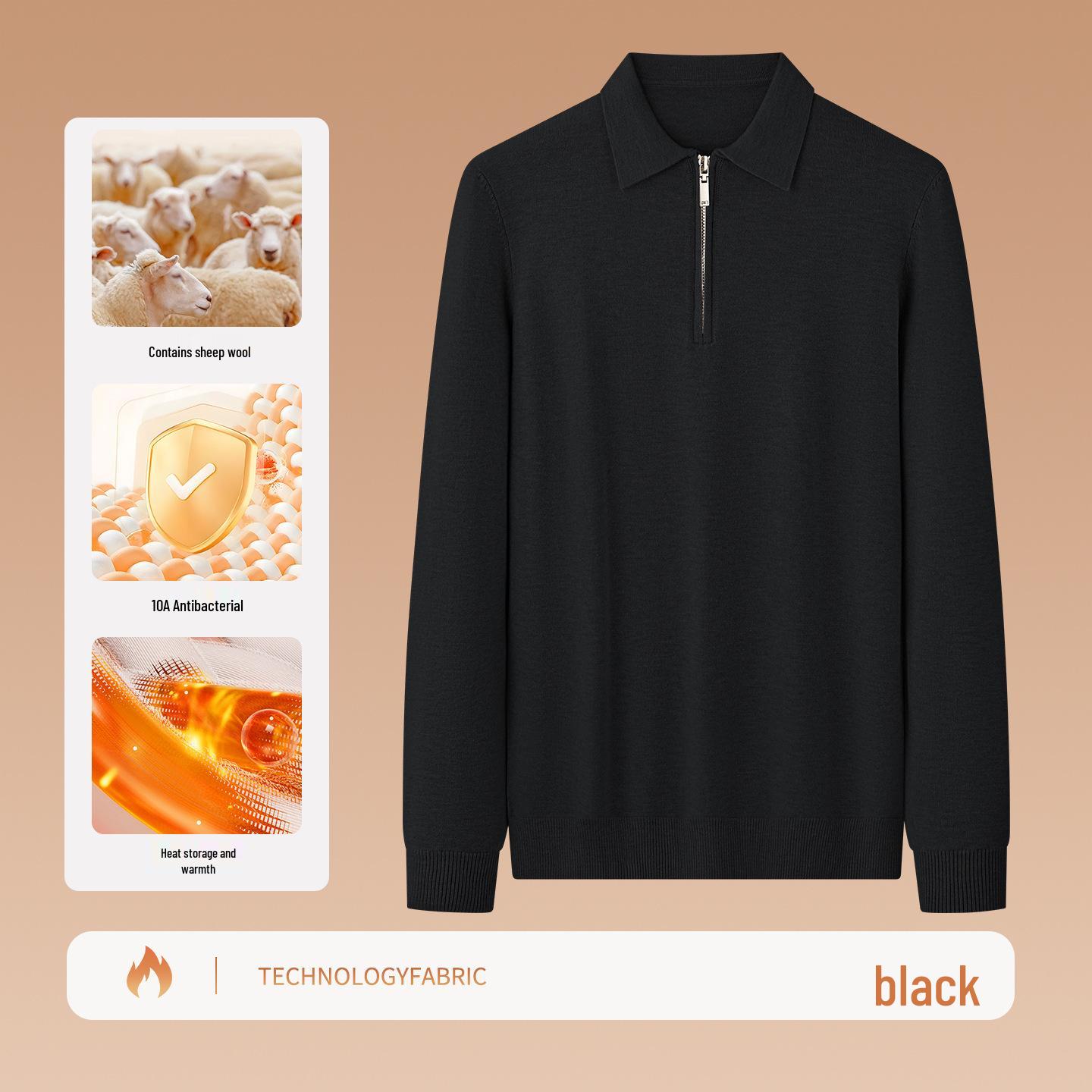 

Men s Wool-Modal Zipper Lapel Sweater, 2026 Autumn/Winter Warm Knit Base Layer Top M чорний