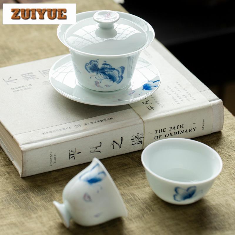 2pc/lot Hand-painted Butterfly Teacup Luxury Tea Bowl Water Jug Tea-tasting Smelling Cup Jianzhan Master Cups Tea Services 70ml