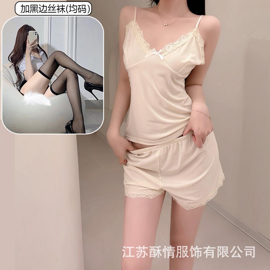 Crispy pajamas women's spring and summer girls' pure desire suspender shorts lace flower sexy pink loungewear set