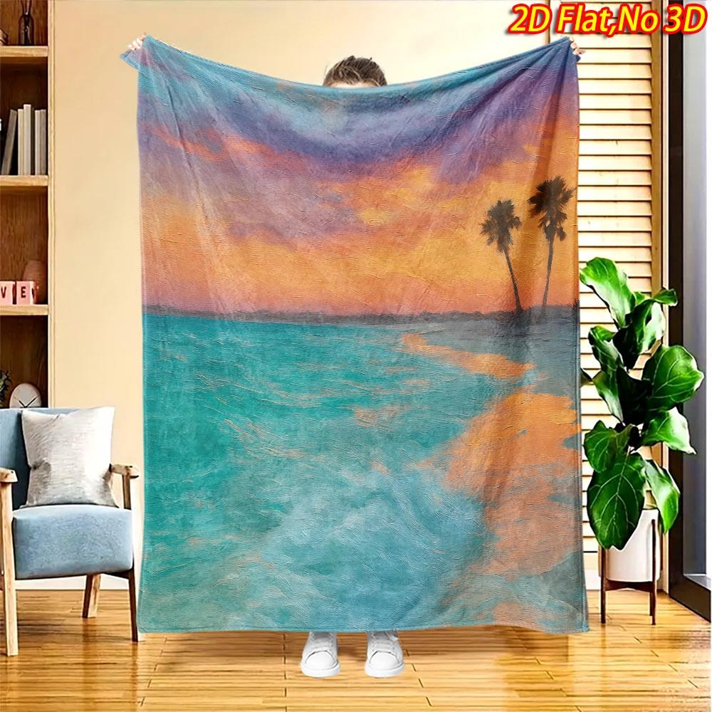 1pc 2D Flat Printing Spring And Summer New Arrival Sunset Beach Double Palm Tree Digital Print Blanket, All-Season Use, Casual Throw, 100% Polyester F