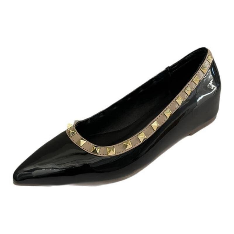 

Small pointed patent leather shallow mouth single shoes new rivets inner height increase small leather shoes fashion single shoes women 35 чёрный