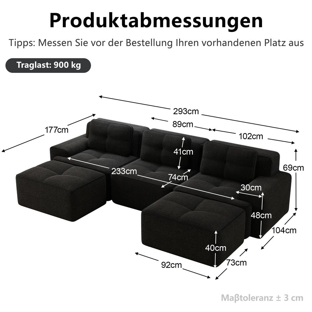 Modulares Sofa Wolke Knochenloses U-förmiges Sofa mit Hocker, 3-Sitzer Cord-Wolkensofa für Wohnzimmer, Montagefreies Sofa, Schwarz