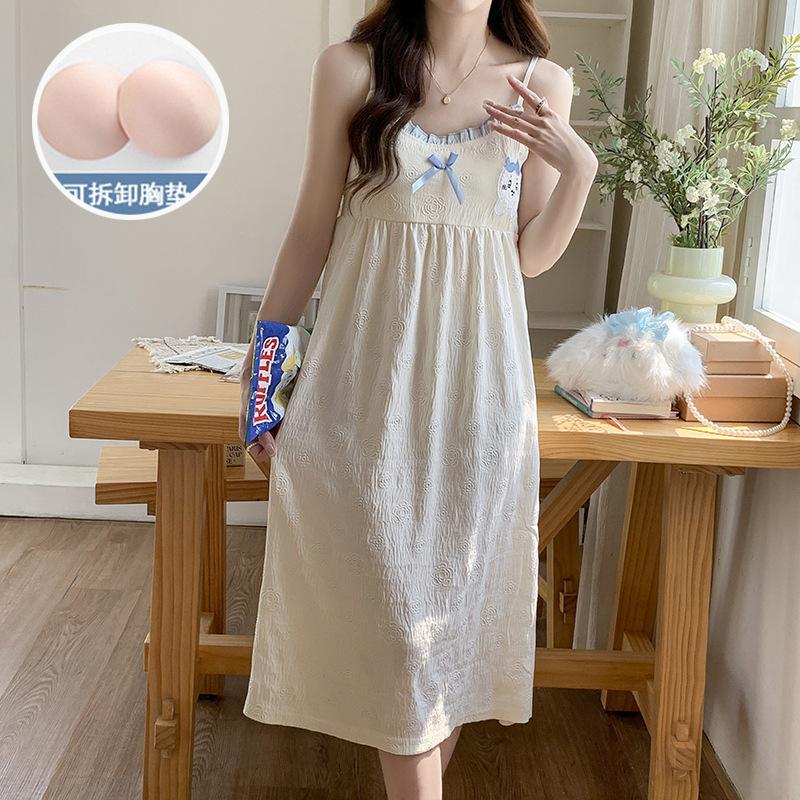 Summer new woven embossed cloud cotton suspender nightdress women's loungewear long dress with chest pad