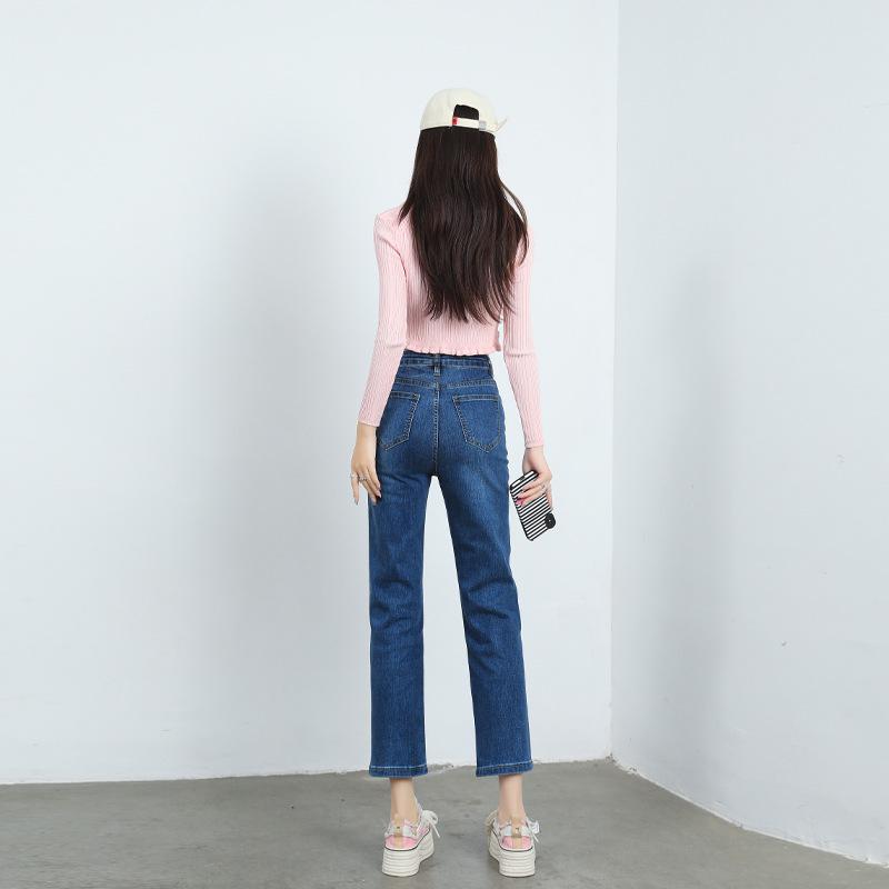 2024 Autumn/Winter High-Waisted Slimming Straight-Leg French Stretch Jeans for Women - Chic Petite Cropped Pants