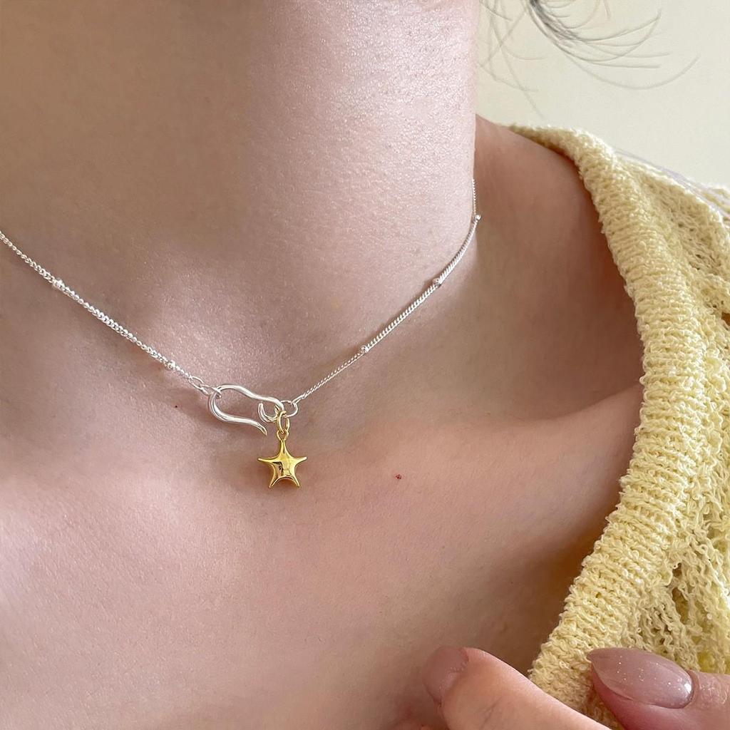 Korean Gold Five-Pointed Star S925 Silver Necklace - Fresh, Light Luxury, High-End Clavicle Chain for Women