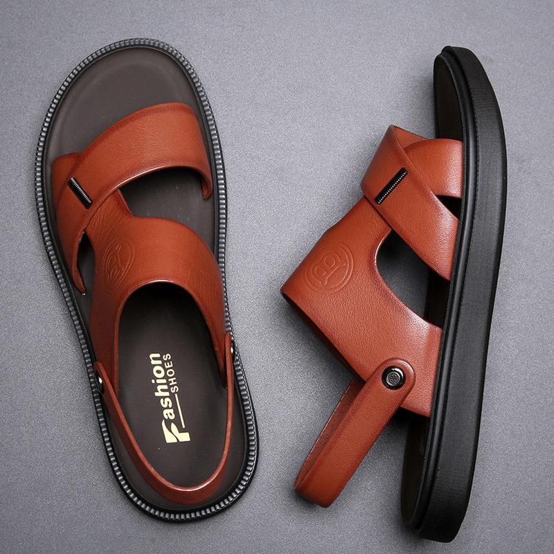 

The first layer of cowhide sandals for men s 2025 summer new soft-soled cool slippers for driving outside, non-slip men s beach shoes 44 жёлтый